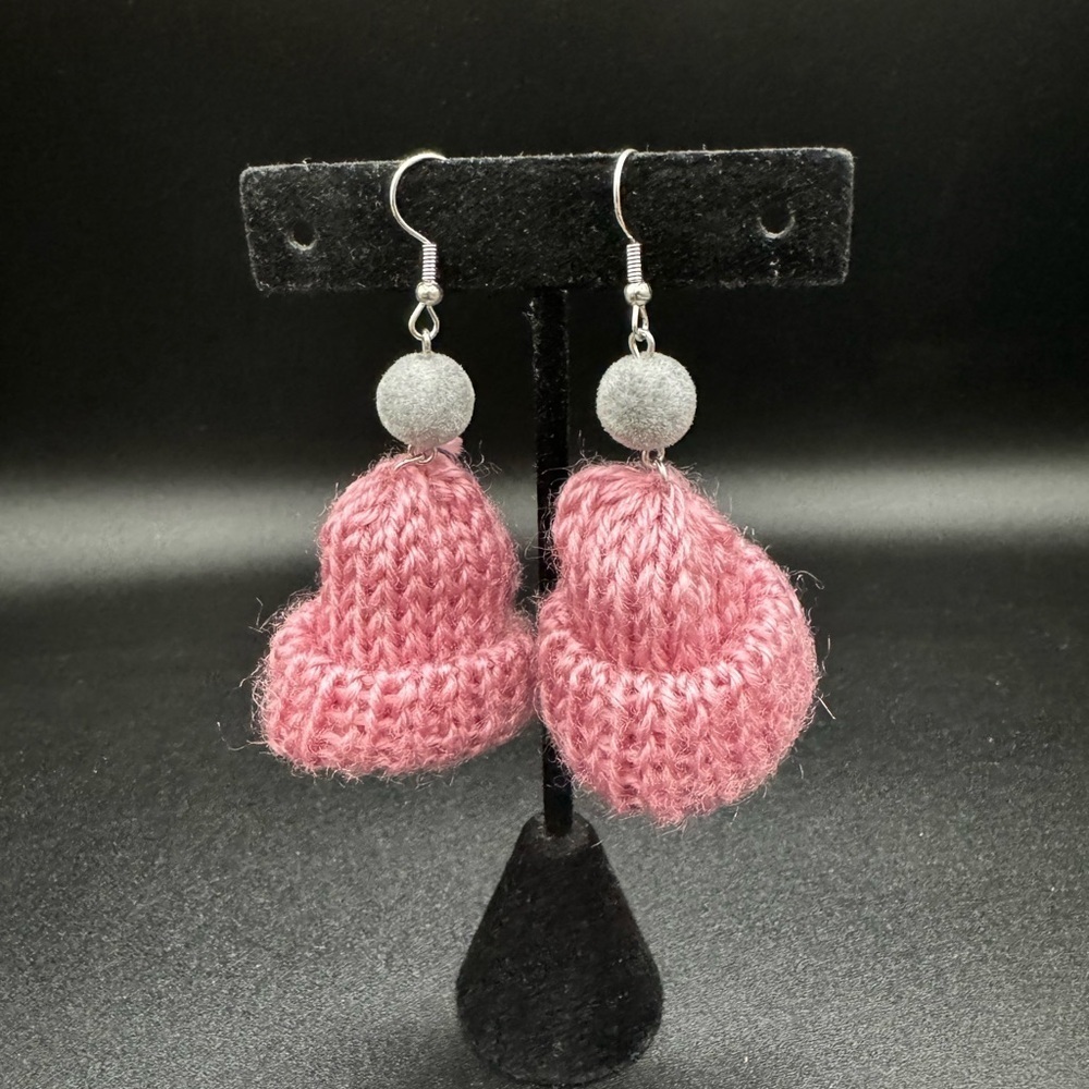 Hand knit Winter Hat Earrings in Maeve Pink and Grey PomPoms- Cute Earrings